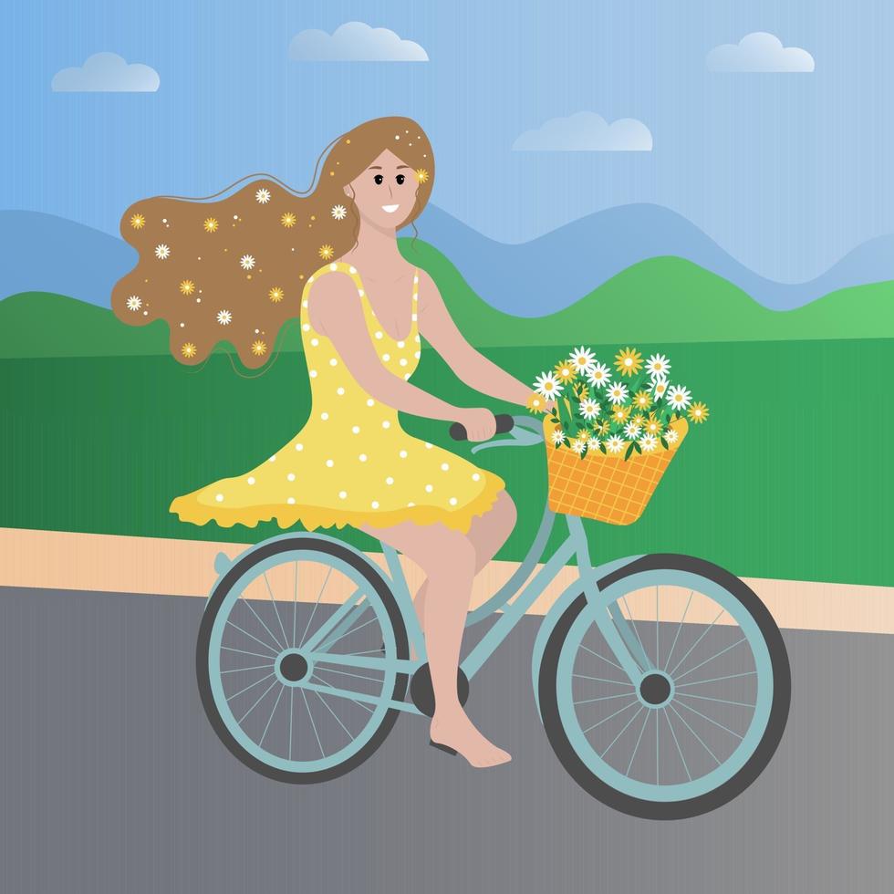 niña en bicicleta con una canasta llena de flores. vector