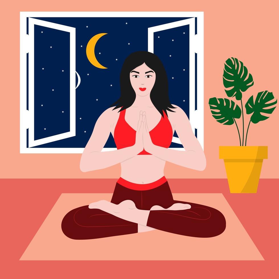 Yoga girl in the lotus position on the rug vector