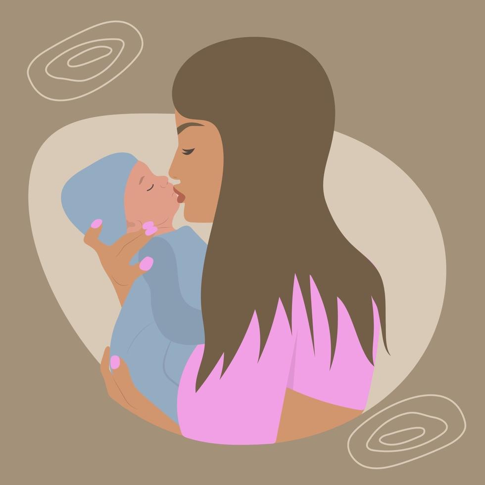 Mother Holding Baby Son In Arms and kissing him. vector