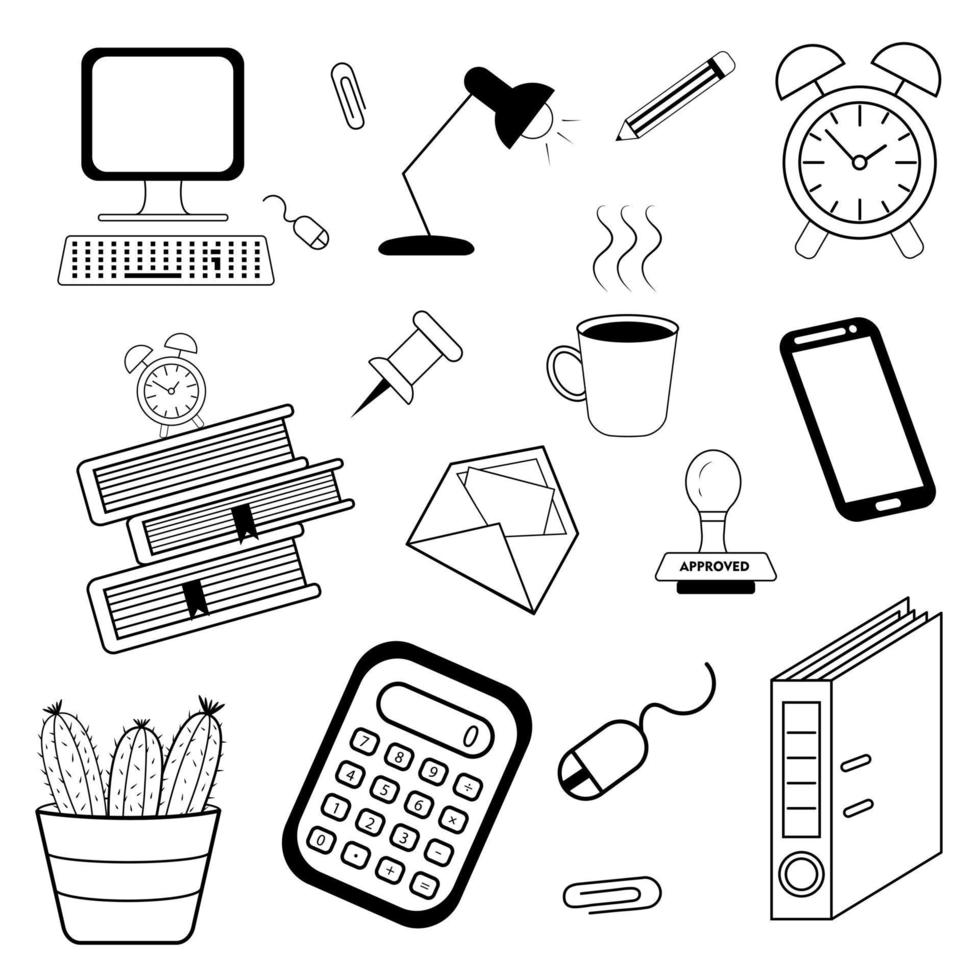 Office life black lines icons set with hand doodle vector