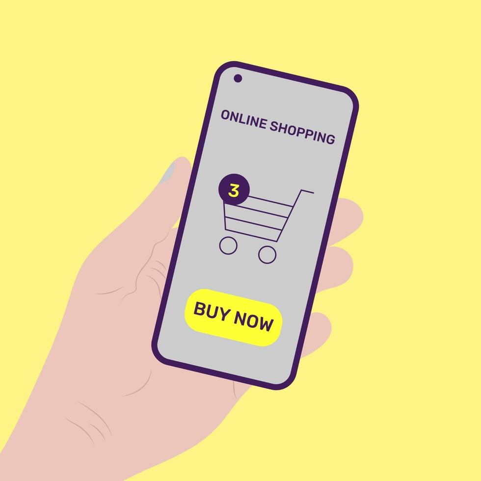 Human hand holding smartphone with buy button on the screen. vector