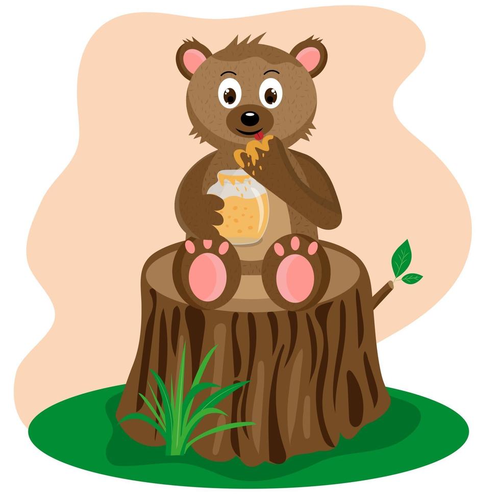 Teddy bear sitting on a stump and eating honey vector