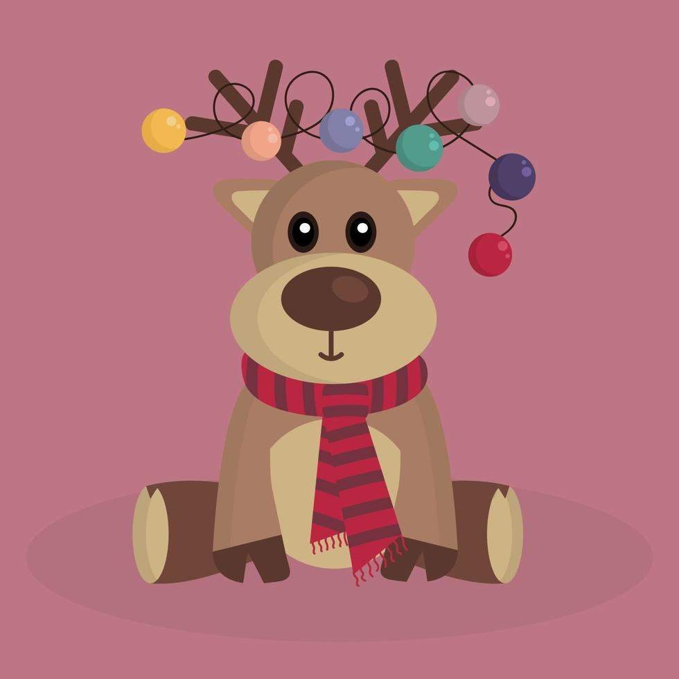 Cartoon Funny Christmas Deer with decoration balls on antlers. vector