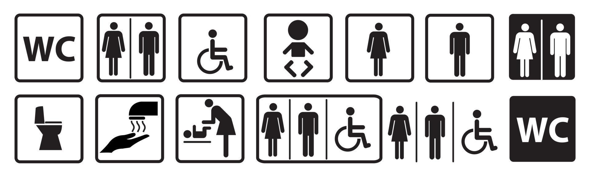 Conjunto de iconos de WC. signo de aseo. hombre, mujer, madre con bebé, minusválido vector