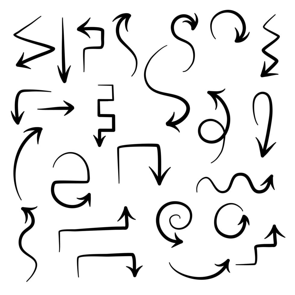 hand drawn black arrow set on white background. vector illustration