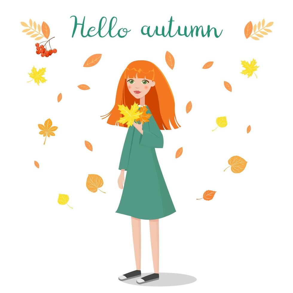 Vector illustration of girl holding autumn leaves. Hello autumn