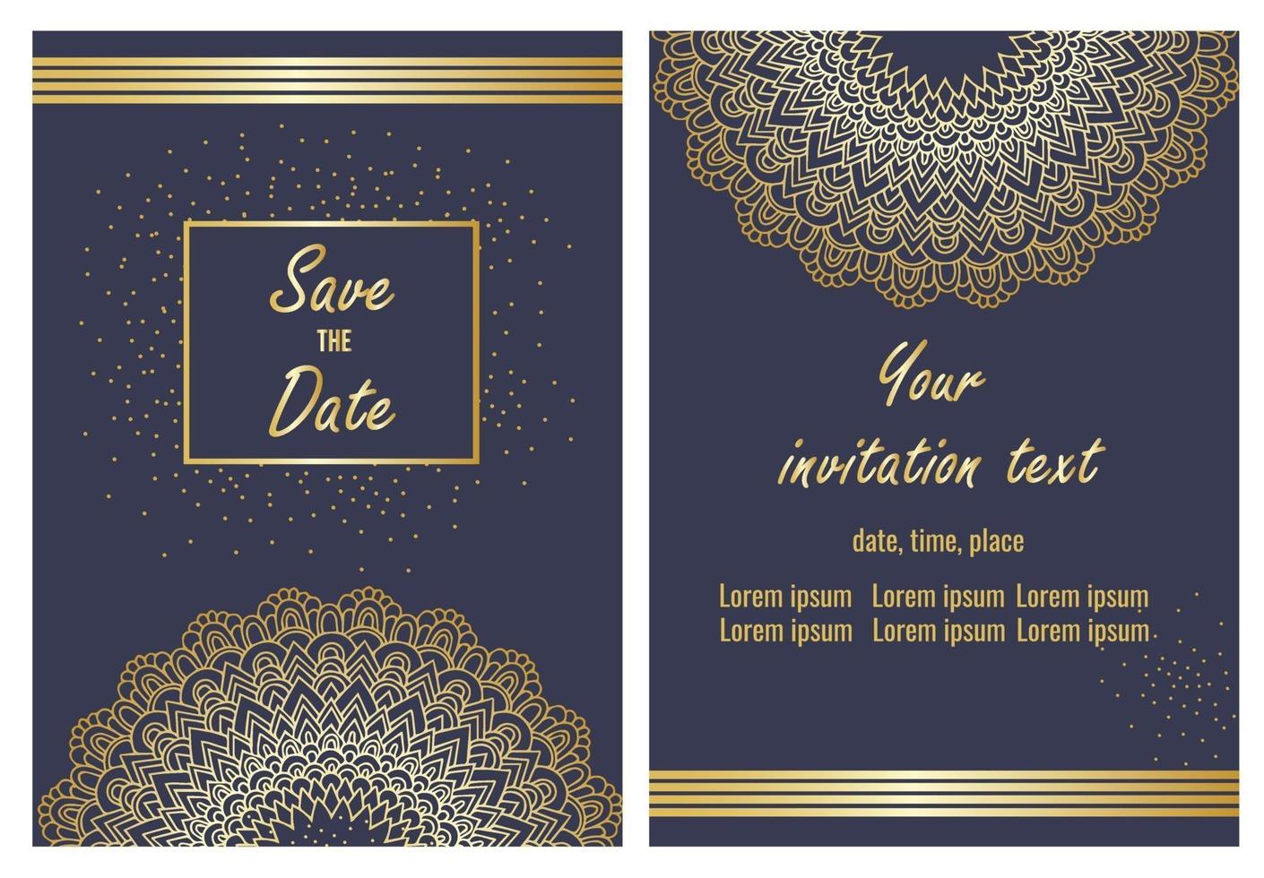 Plantillas de tarjetas de invitación de boda con motivos dorados. vector