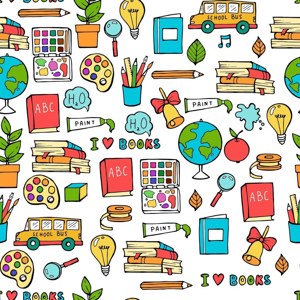 Seamless colored back to school pattern with supplies stationary vector