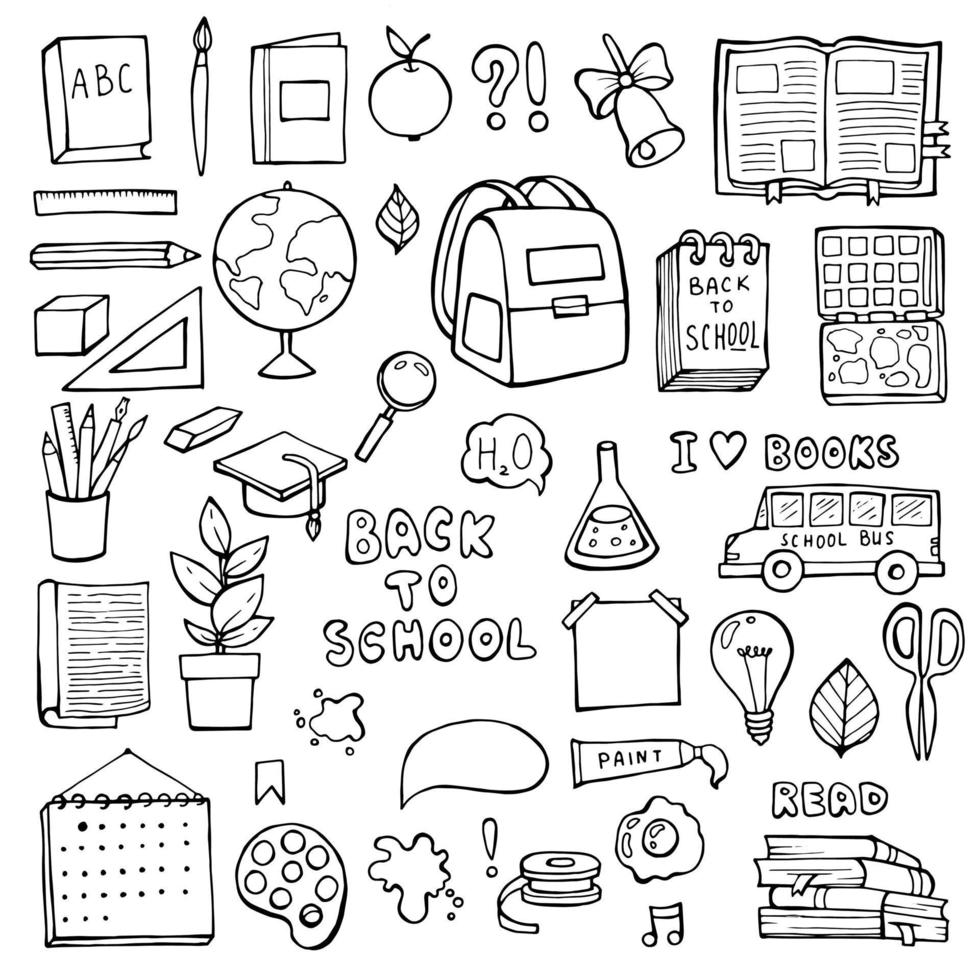 De vuelta a la escuela. artículos educativos. útiles escolares doodle dibujados a mano vector
