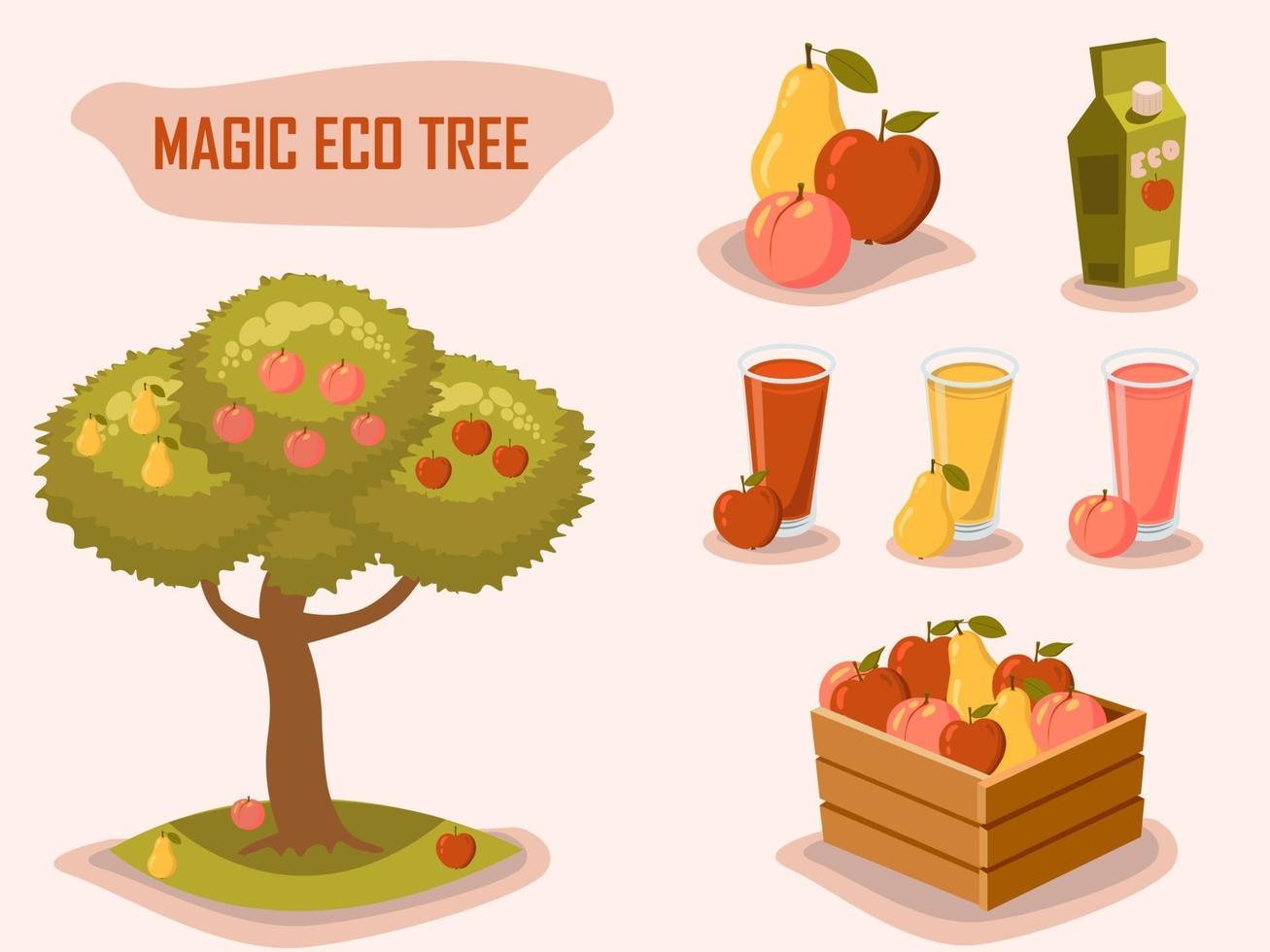 Magic Eco tree. Gardening. Farm fresh. Retro style vector elements.