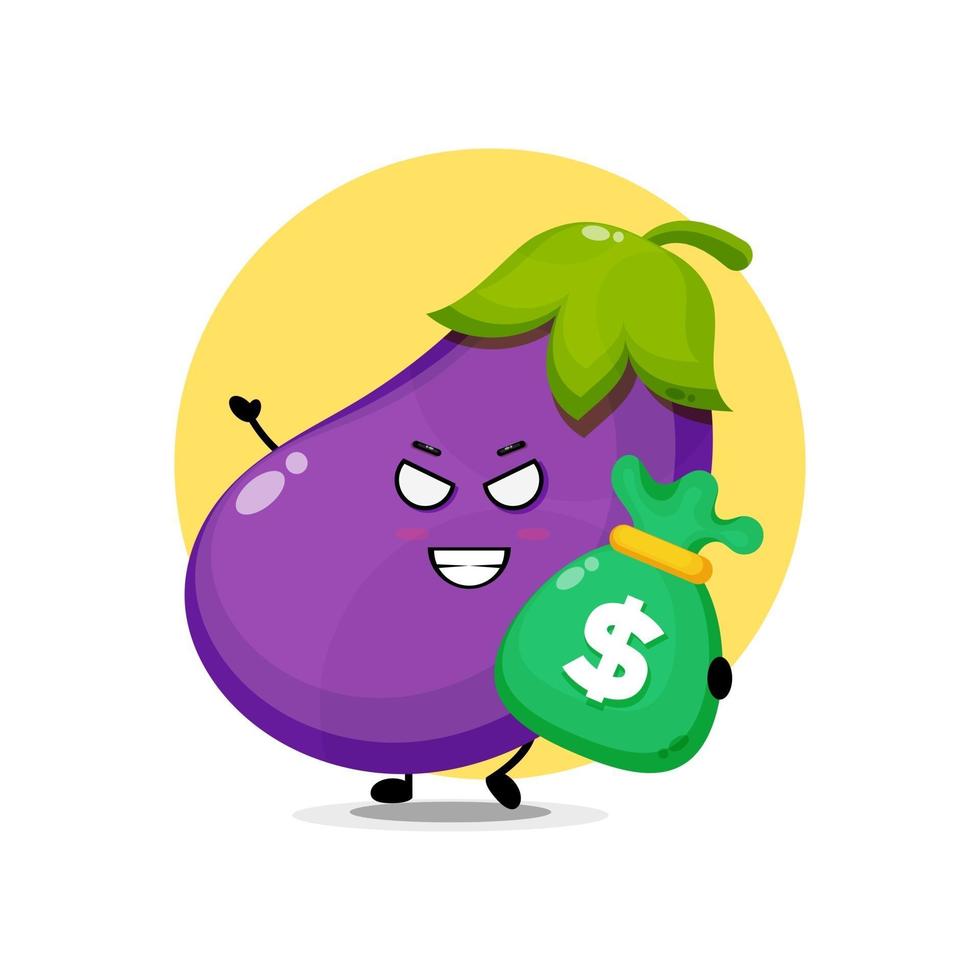 lindo personaje de berenjena robando dinero vector