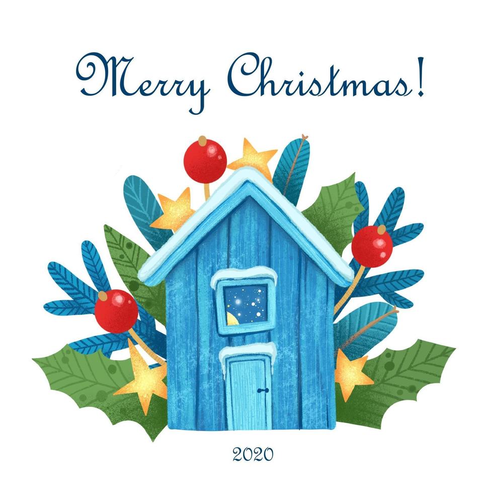 Christmas greeting card with magic house at night lights background vector