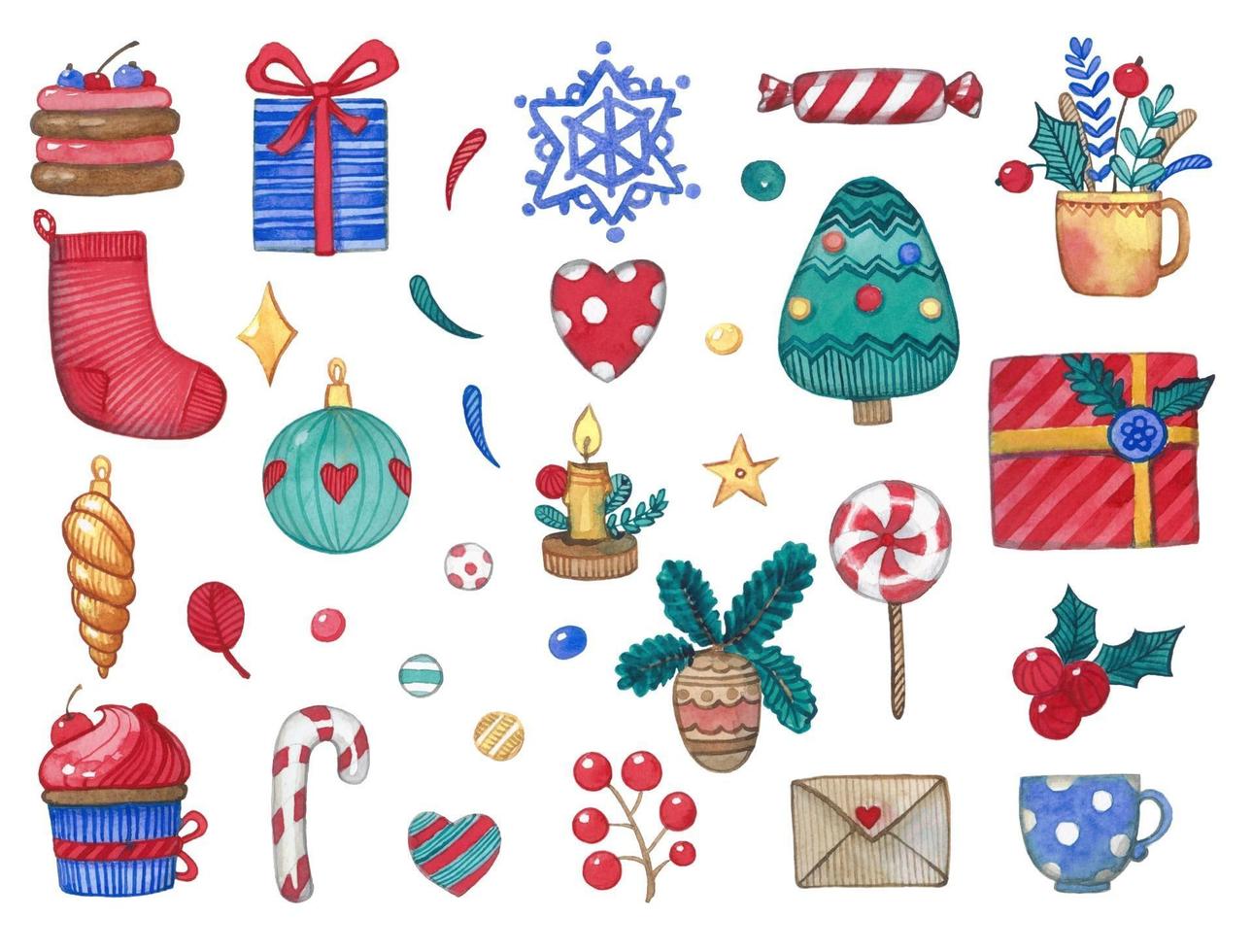 lindos objetos navideños de acuarela, incluido el árbol de navidad, regalo vector