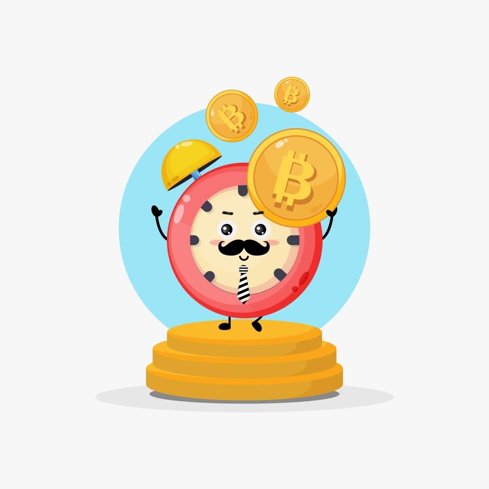 Illustration of character alarm clock having bitcoin vector