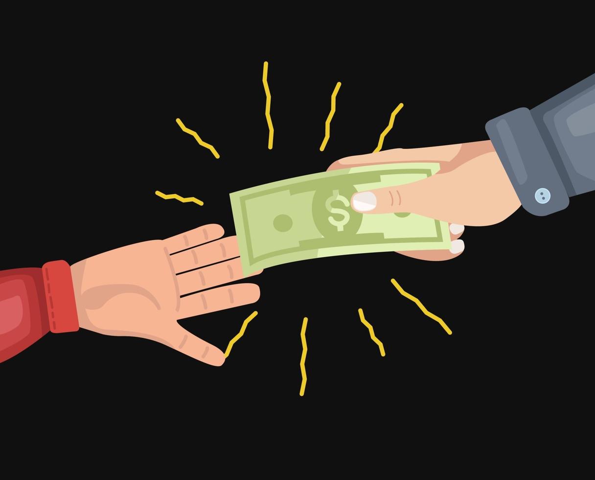 Hand Holds Bills for Pay something. Drawing on Black background. vector