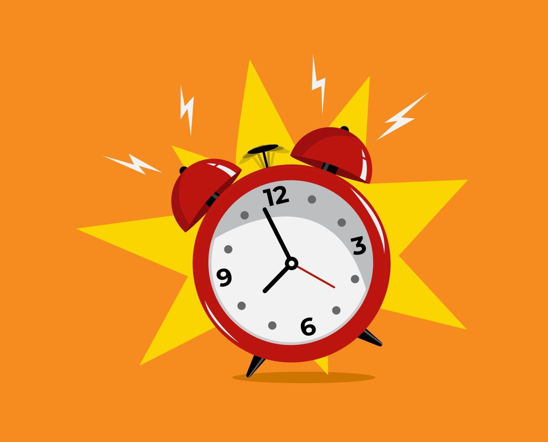 Red Alarm Clock sound wakeup time icon. Flat design Orange background