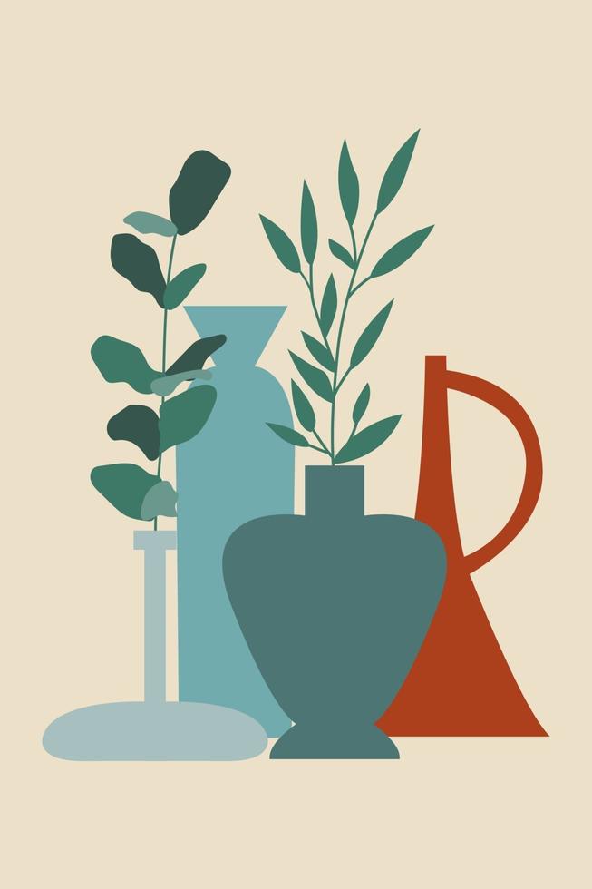 Abstract composition of vases, eucalyptus and bamboo, vector. vector