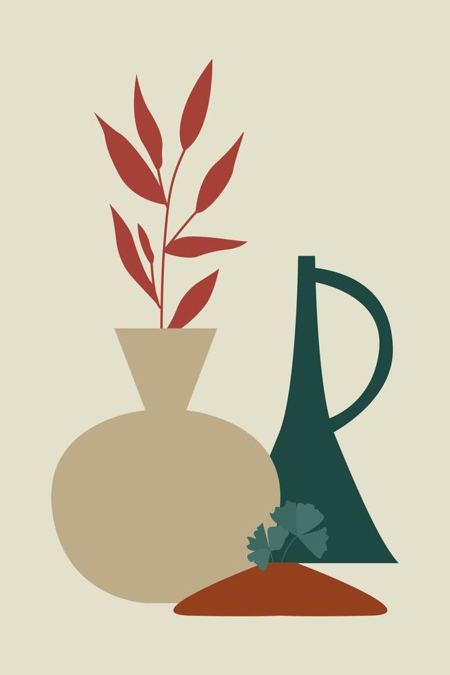 Three vases on a beige background. An abstraction in the boho style. vector