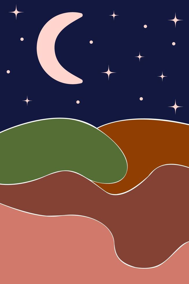 Minimalist abstract night landscape, hills mountains and valleys. vector