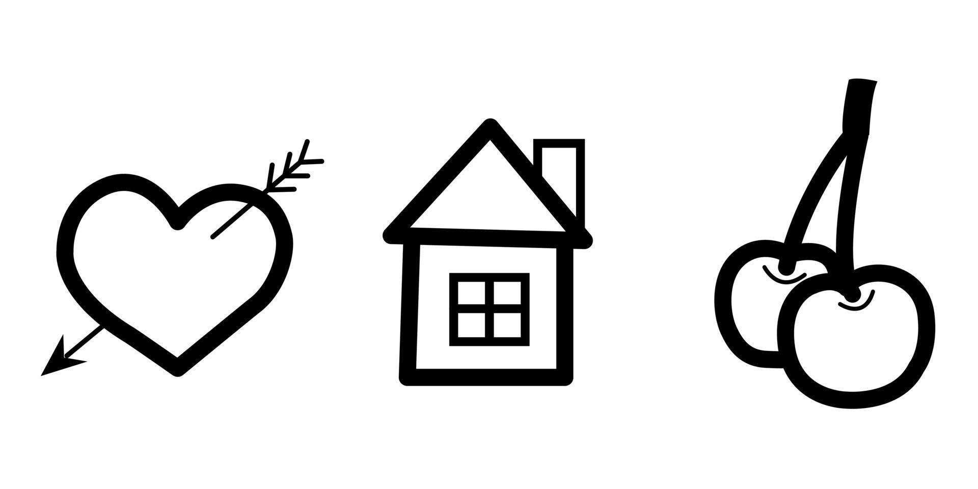 Simple vector icons. House, heart and berries..eps