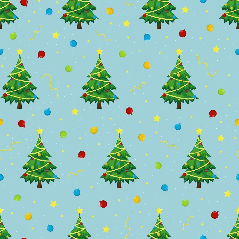 Patrón de árbol de Navidad con guirnaldas, estrellas y bolas de Navidad. vector
