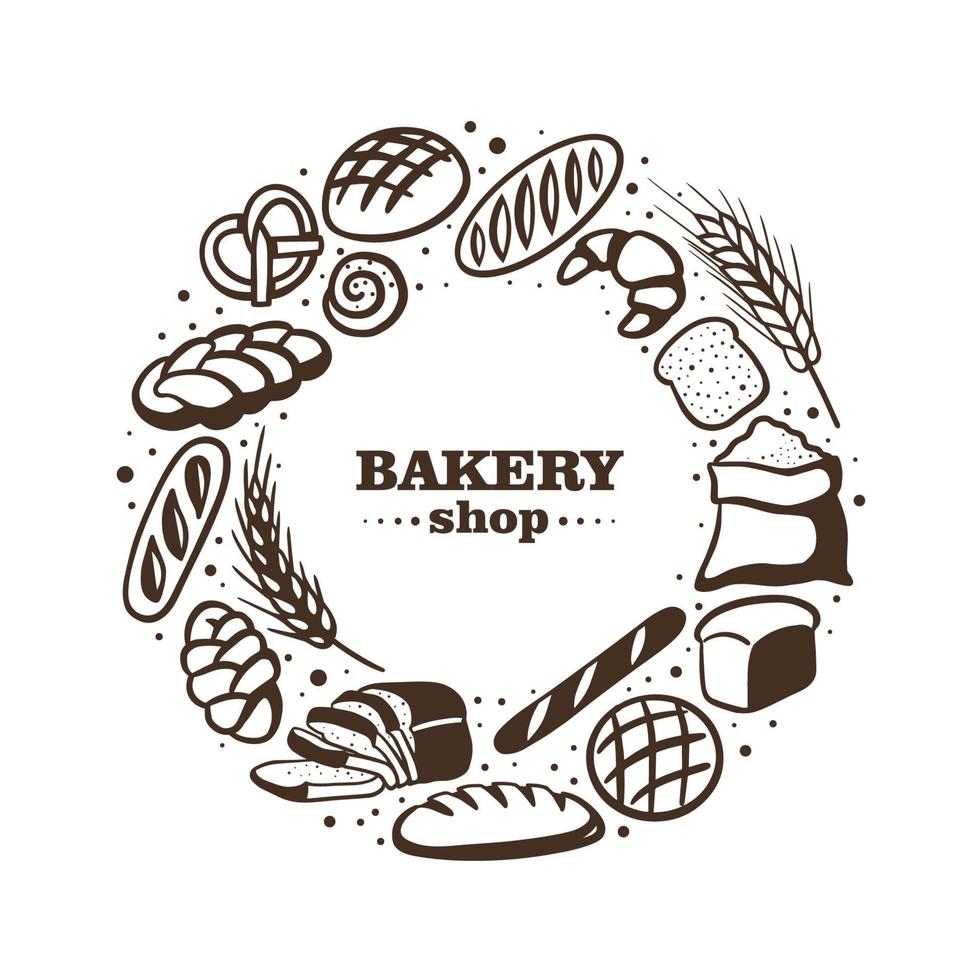 Bakery shop illustration with different bread and roll. Vector