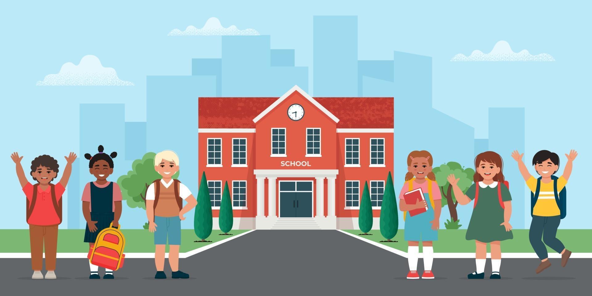 Children near school building. Back to school. Vector illustration