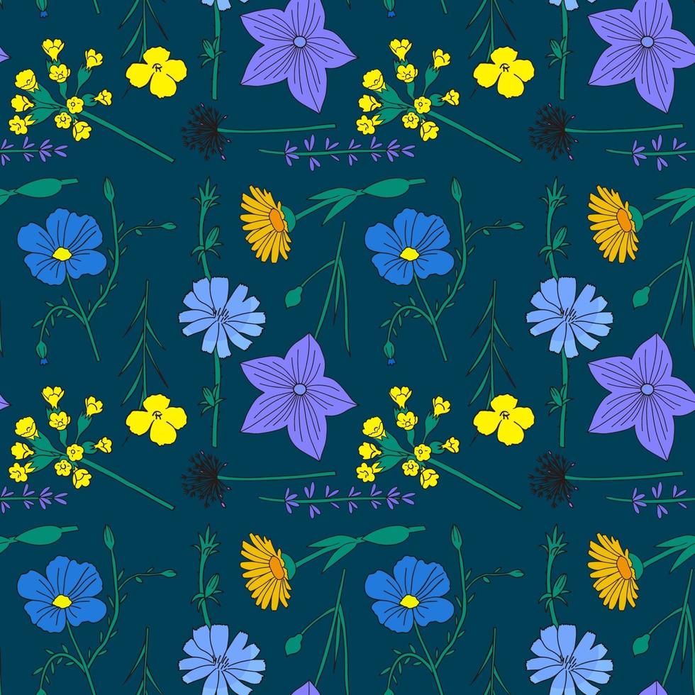 Seamless pattern with blooming wild flowers In hand drawn style vector