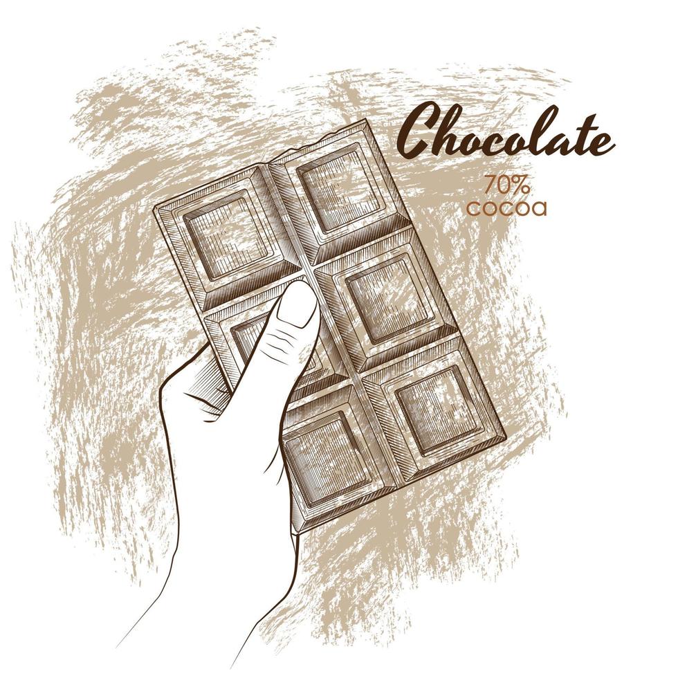 Chocolate in hand. Chocolate in engraved vintage style, vector