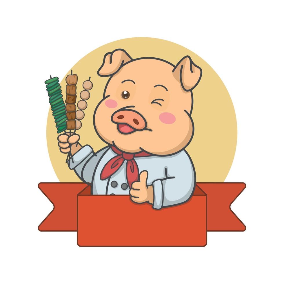 Pig Chef Mascot Logo Holding Skewers vector
