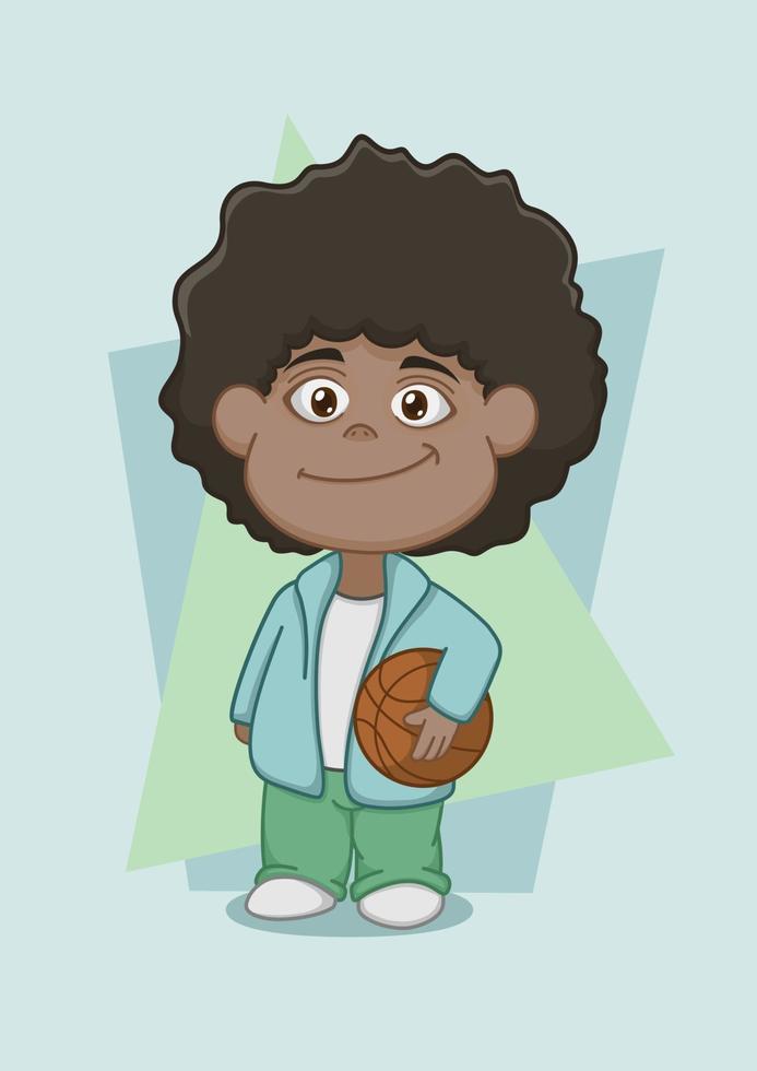 lindo, niño africano, tenencia, baloncesto vector