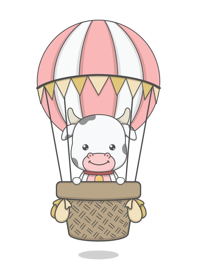 vaca de dibujos animados lindo montando globo aerostático vector