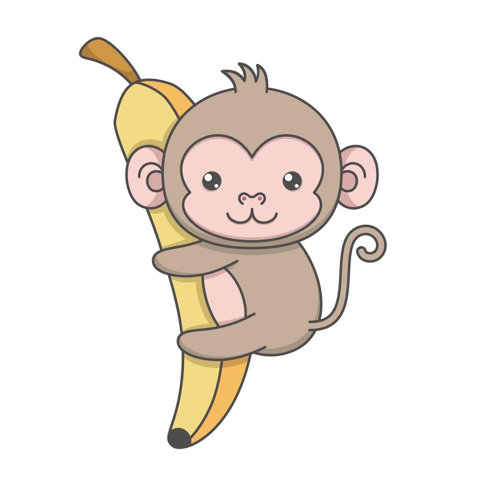 mono de dibujos animados lindo abrazando plátano grande vector