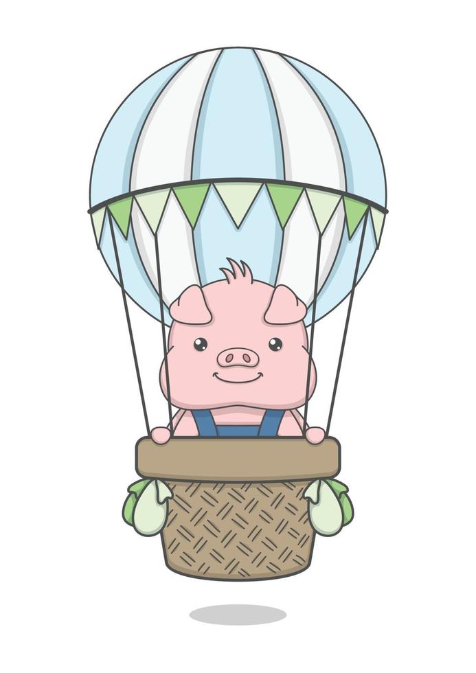 cerdo de dibujos animados lindo montando globo aerostático vector