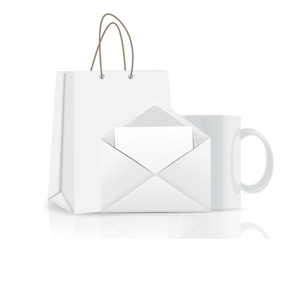 Empty Shopping Bag, Envelope and Cup for Advertising and Branding vector