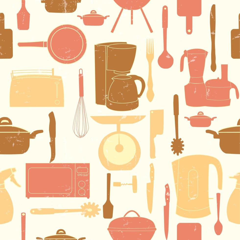 grunge, retro, vector, ilustración, seamless, patrón, de, utensilios de cocina vector