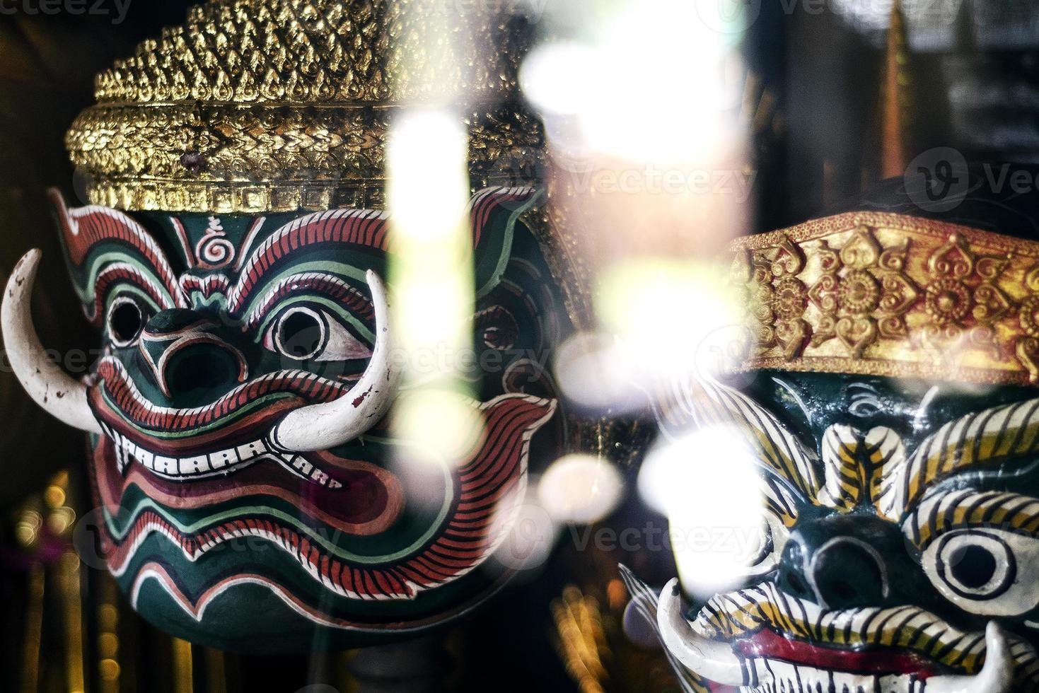 Traditional Lakhon Khol Khmer dance masks on display at Wat Svay Andet pagoda near Phnom Penh Cambodia photo