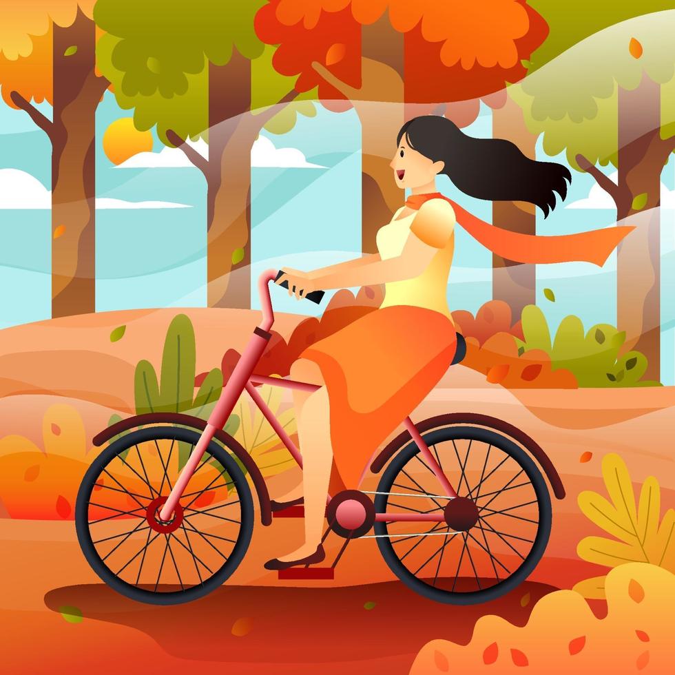 Mujer feliz montando bicicleta en el bosque de otoño vector