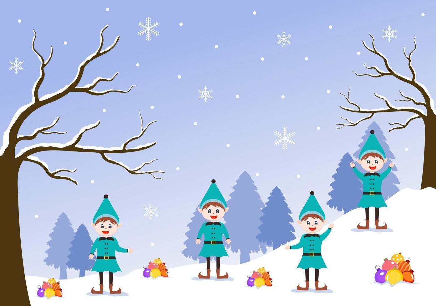 Merry Christmas Cute Cartoon Dwarf, Santa Claus And Elves vector