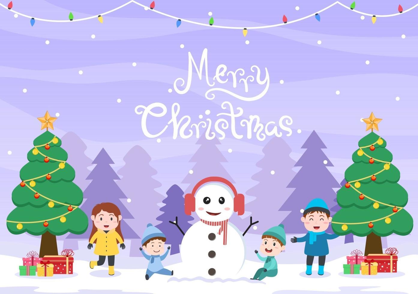 feliz celebrando el día de navidad con niños y muñeco de nieve, árbol de decoración vector