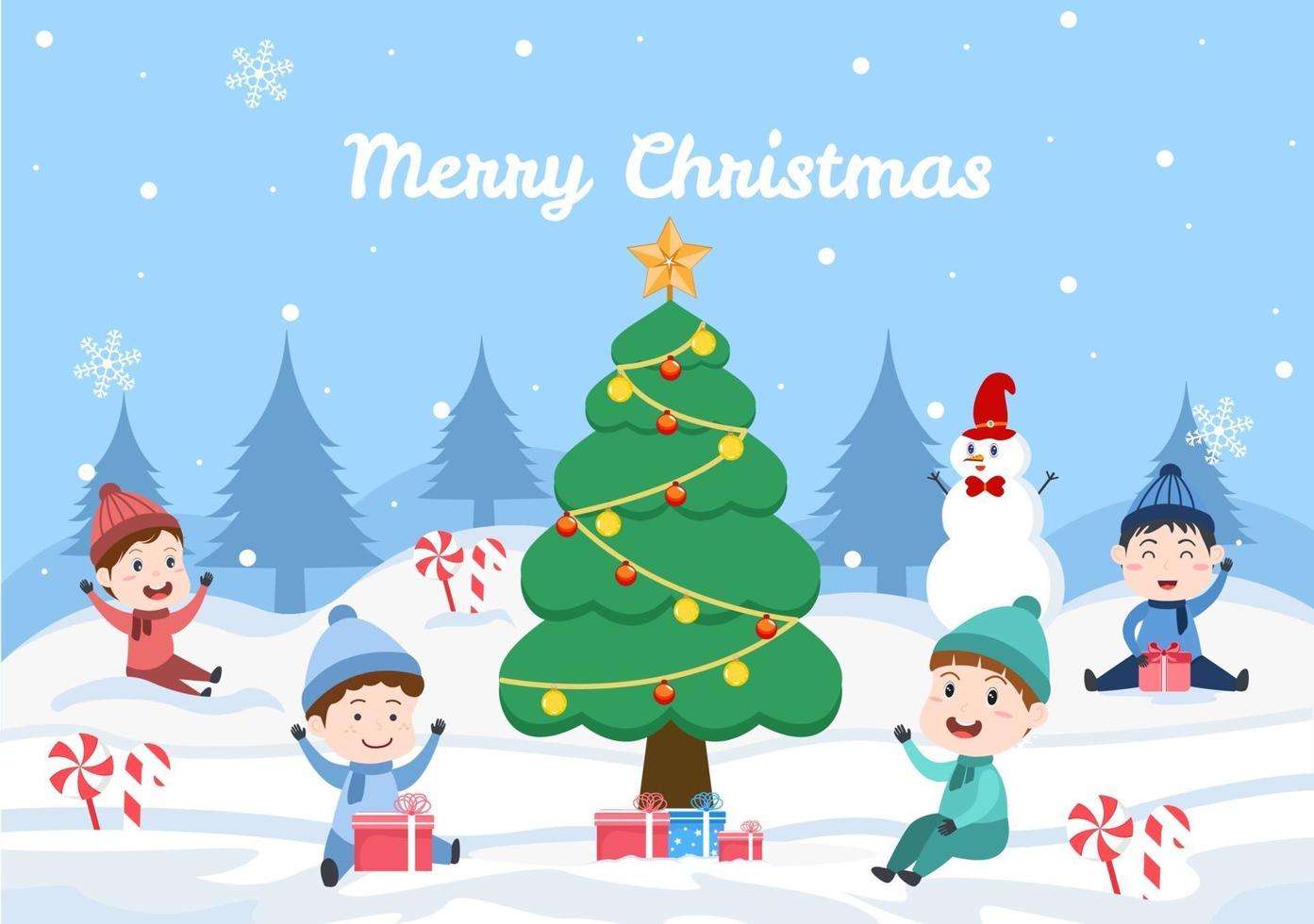 feliz celebrando el día de navidad con niños y muñeco de nieve, árbol de decoración vector