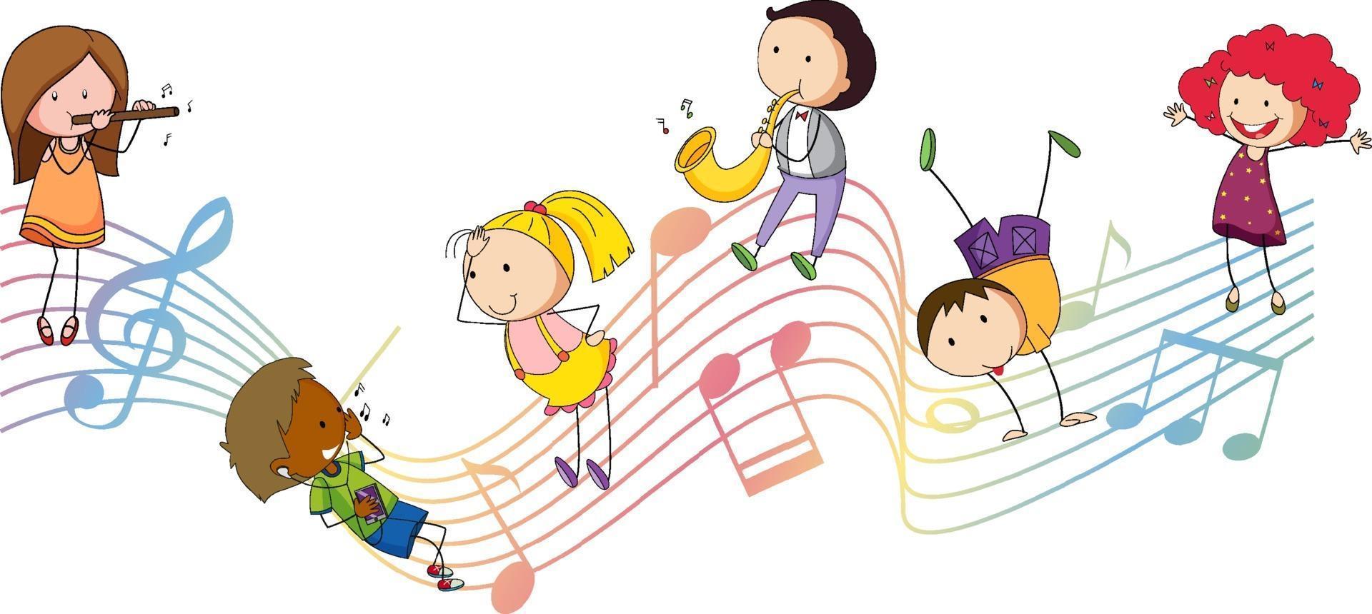 Símbolos de melodía musical con muchos personajes de dibujos animados de niños doodle vector