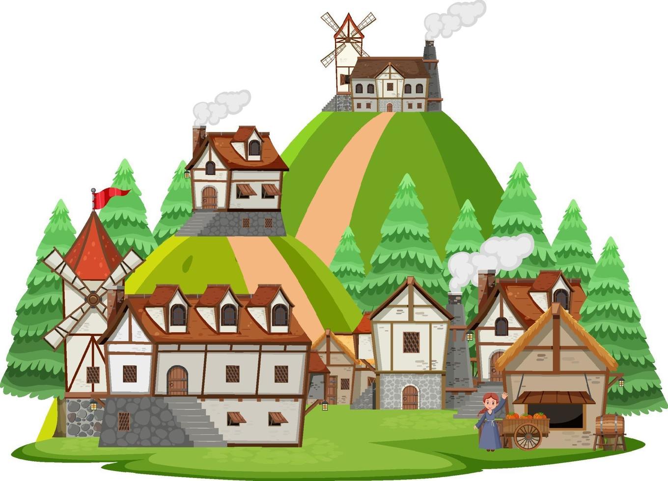 Medieval village with villagers on white background vector