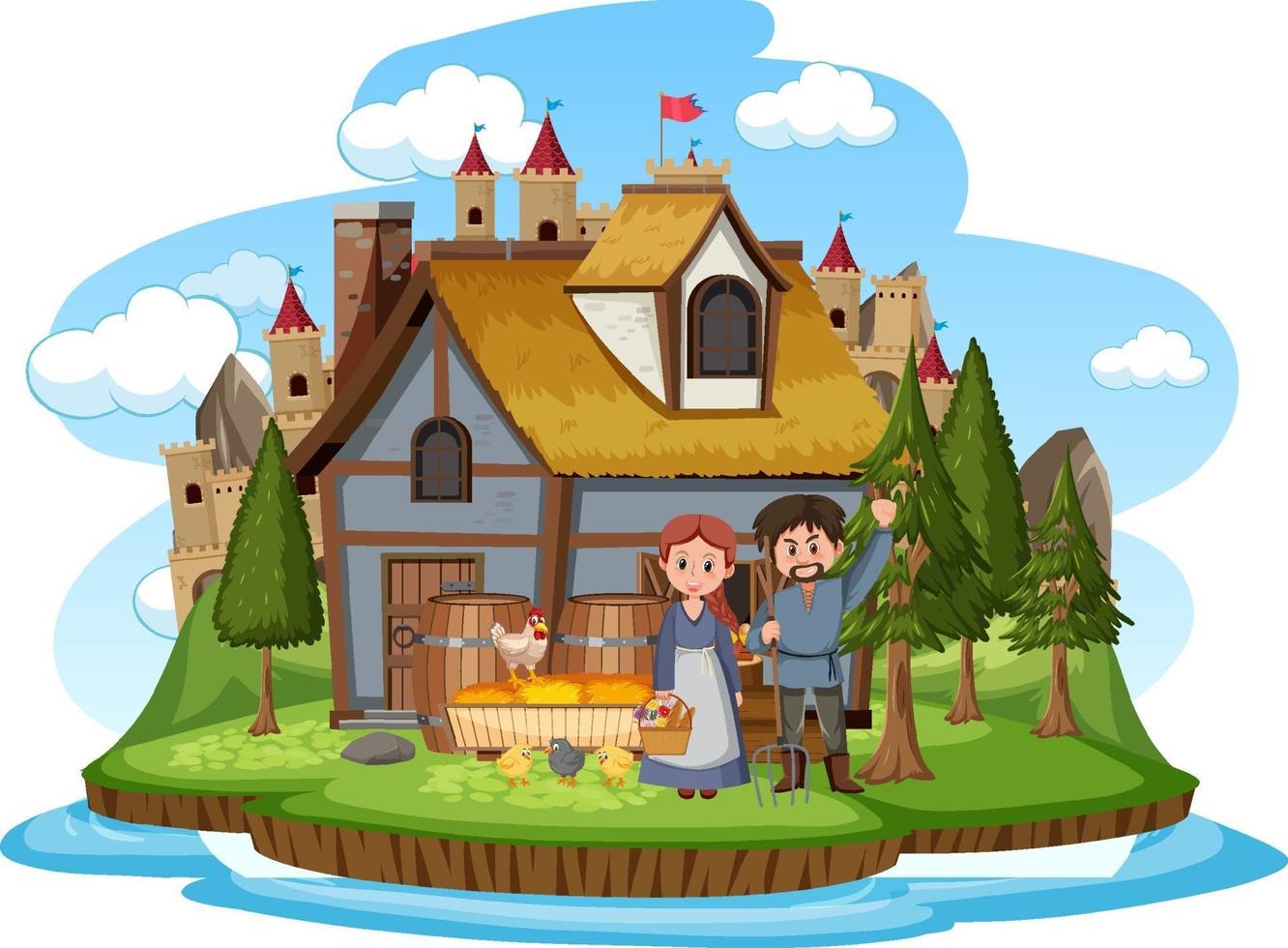 Farmhouse with villagers on white background vector