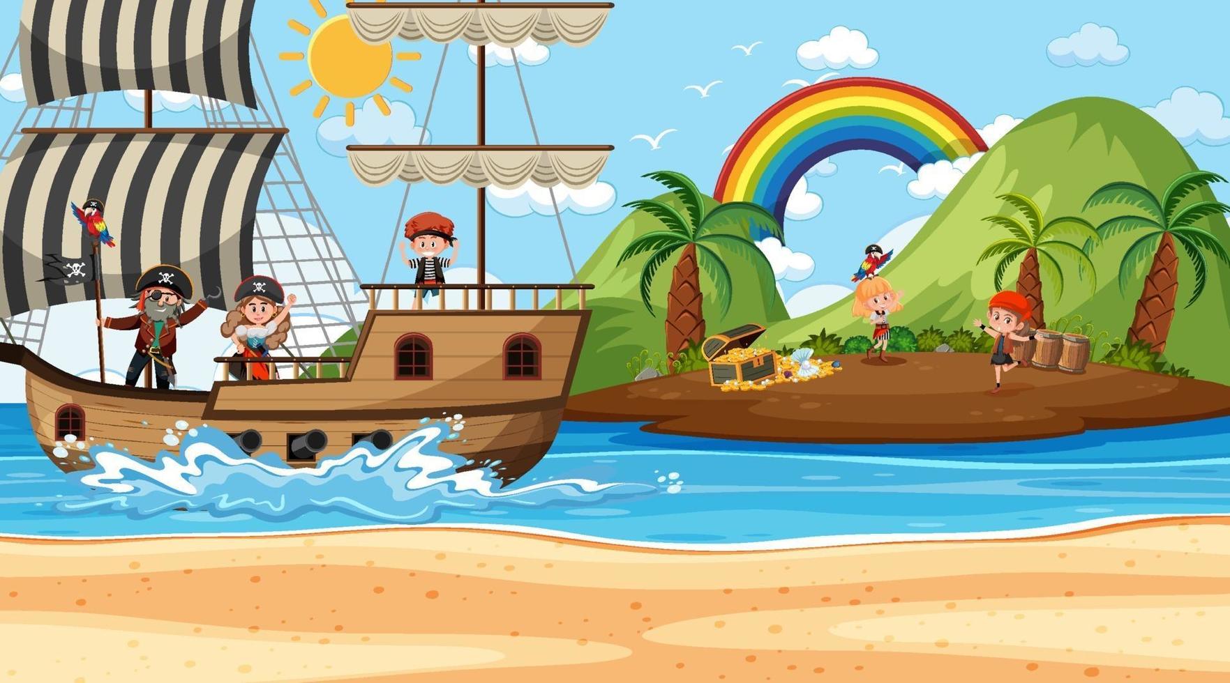 escena de la isla del tesoro durante el día con niños piratas vector