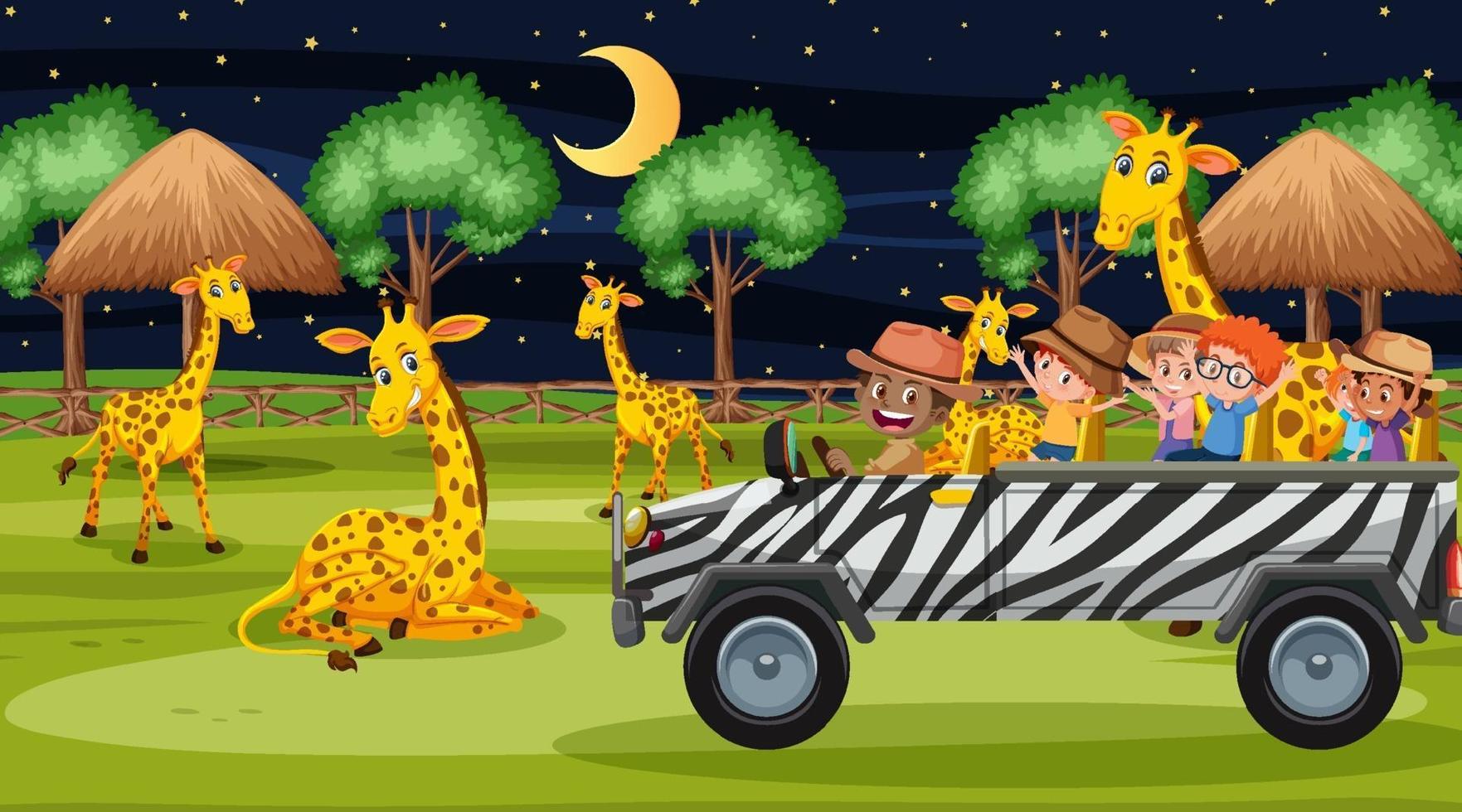 Safari en escena nocturna con niños viendo grupo de jirafas. vector