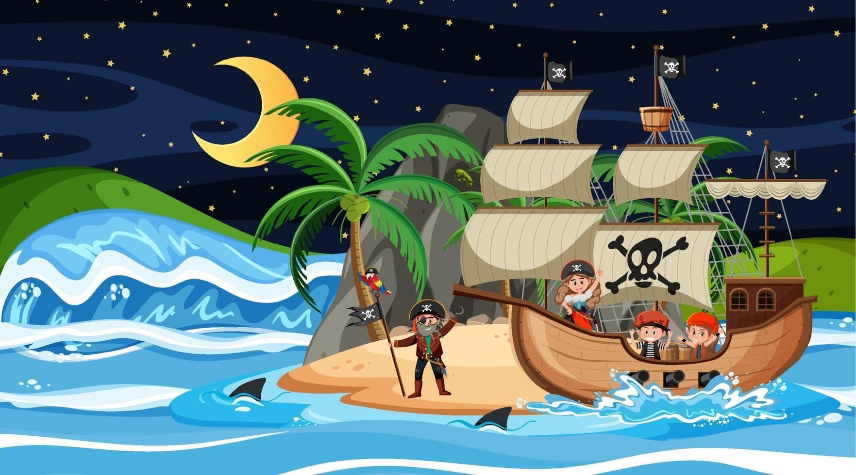 isla con barco pirata en la escena nocturna en estilo de dibujos animados vector