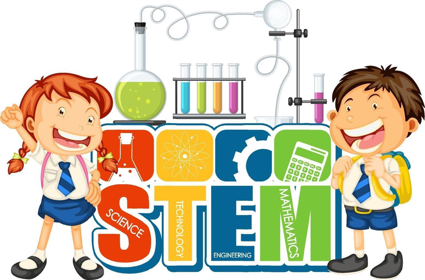 STEM education logo with student kids cartoon character vector