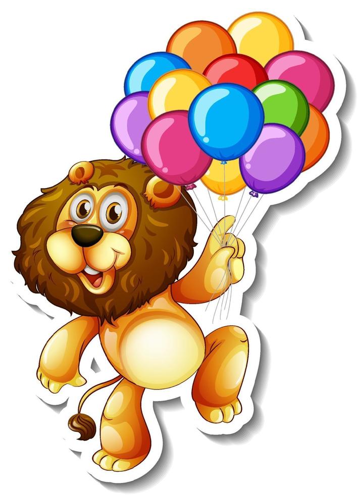 Plantilla de pegatina con un león sosteniendo muchos globos. vector