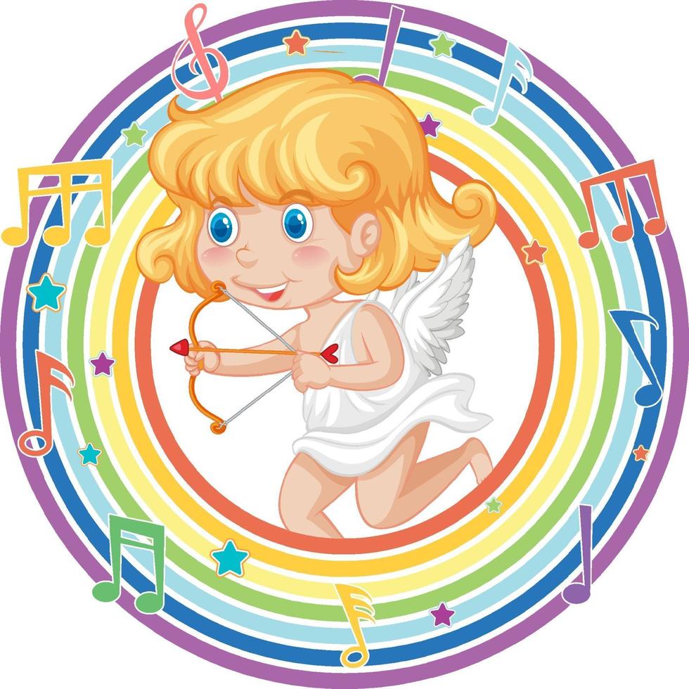Cupid girl in rainbow round frame with melody symbol vector